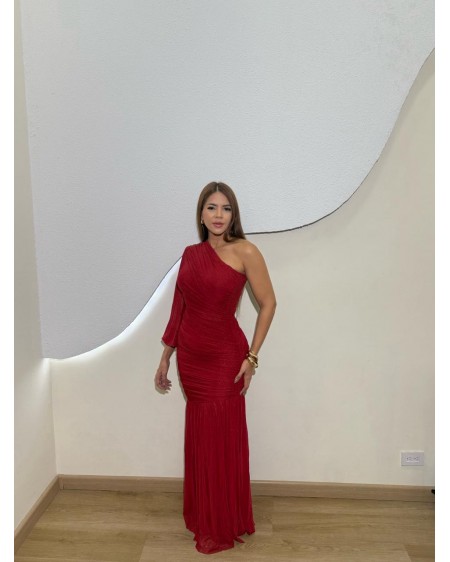 VESTIDO UNA MANGA DESTELLOS DORADOS 