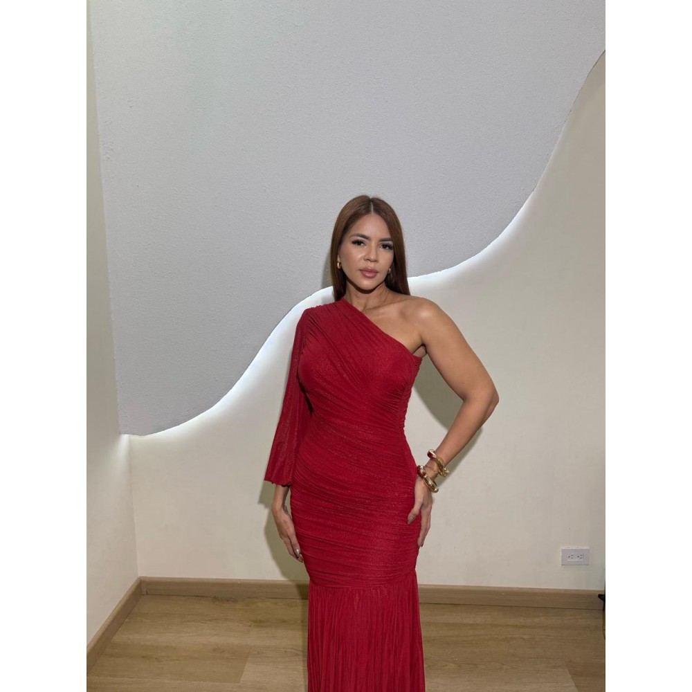 VESTIDO UNA MANGA DESTELLOS DORADOS 